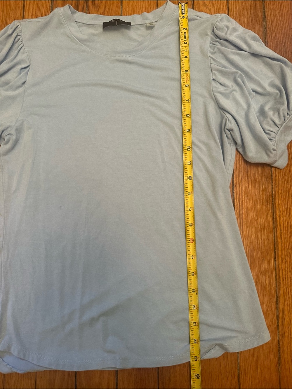 Tahari Light Blue Puff Sleeve Knit Top Size SP  Feminine Stretch Tee 1092 - Picture 5 of 9